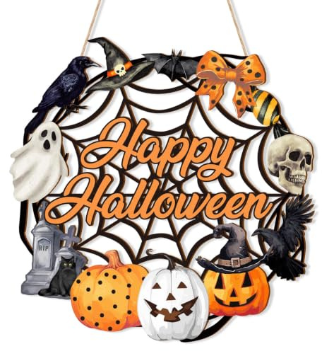 Halloween Decorations, Happy Halloween Door Wreath Sign for Outdoor Decor