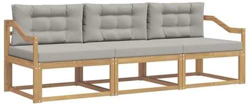 QJBSAVVA 3-Teiliges Outdoor Sofa Set aus Akazienholz, Modulare Lounge Gartenmöbel mit Kissen und Latten-Rückenlehne, Wetterbeständige Couchgarnitur für Terrasse und Pool, Weiß Hellgrau