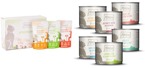 MjAMjAM - Premium Nassfutter für Katzen - Mixpaket 1 - Huhn, Rind, Herzen, 12er Pack (12 x 125 g) & Premium Nassfutter für Katzen - Mixpaket 3 - Wild & Kaninchen, Pute, Ente & Geflügel(6 x 200 g)