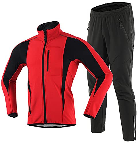TDHLW Thermo Fahrradbekleidung Langarm Set Herren Winter Outdoor Windjacke Thermo Fleece Fahrradjacke Wasserdicht Atmungsaktiv Winddicht Regenjacke Fahrrad Mantel Hosen,Rot,S