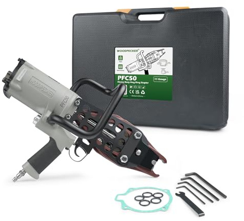 Woodpecker PFC50 Heavy Duty Pneumatic Hog Ring Gun for Gabion, 11 Gauge, 1 1/2'' Crown (38.7mm), 14mm Clousure Diameter, Comes with a Case, Air Hog Ring Plier Tool for Fencing, Cages