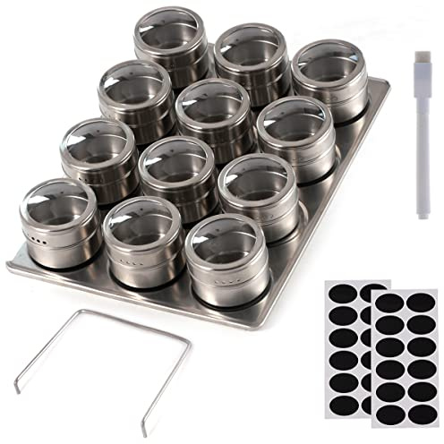 AyeVision 12 Pieces Magnetic Spice Jars Containers Stainless Steel Round Magnetic Spice Jars Set 100ml Circular Tins Spice Storage Containers Lidded Box Set and Magnetic Base for Kitchen