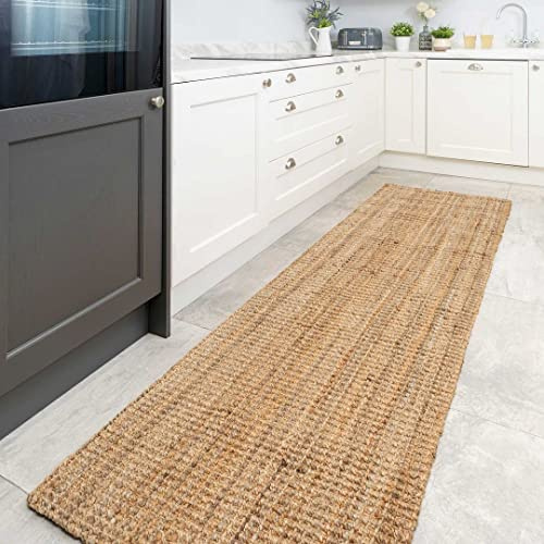 Long Natural Scandi Minimalist Braided Beige Brown Handmade Jute Rug Cottage Countryside Nautical Style Kitchen Hallway Utility Runner Mat 70cm x 240cm