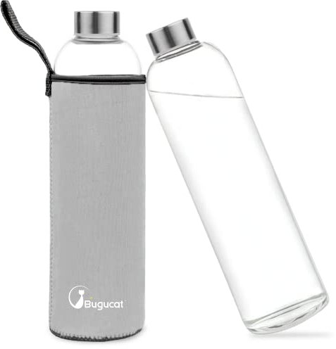 Bugucat Borosilicate Glass Water Bottle 1000ML, Reusable Lid Drinking Bottle with Protective Sleeves,Juice Beverage Container BPA-Free Leak Proof for School Sport Yoga Gym Hot Cold Drinks