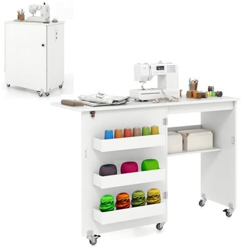 Multigot Folding Sewing Table, 2-in-1 Mobile Craft Table with Open Shelves and Rolling Casters, Sewing Machine Cabinet Computer Desk for Home Office (White)