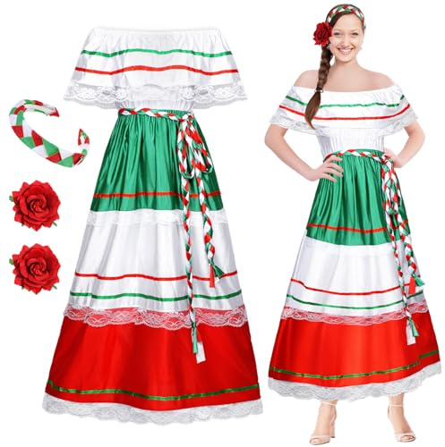 Riyiper 4 pcs Traditional Mexican Dress for Women, Large