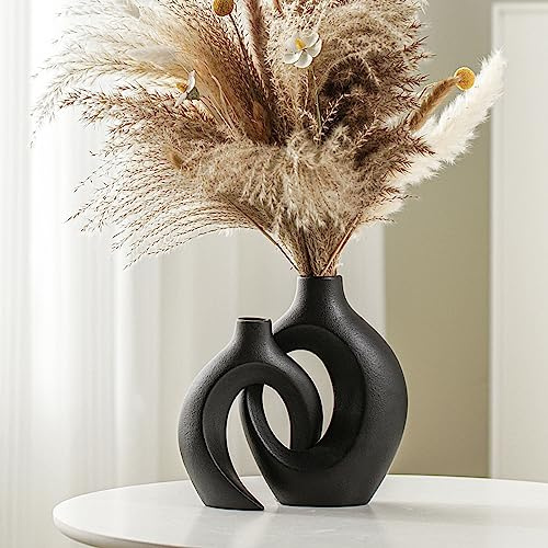 Lvases Snuggle Hollow Modern Ceramic Vase Set of 2, Mid Century Nordic Aesthetic Decorative Vase Decorative Vases for Home Table Decor (Matte Black W 6.3 X H 8.4)