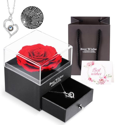 ALLOMN Vera Rosa Conservata, Confezione Regalo di Gioielli con Fiori di Rosa Eterna con Collana Ti Amo per Sua Moglie Fidanzata Madre per Compleanno Anniversario San Valentino Festa della Mamma Natale
