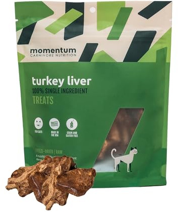 Momentum Carnivore Nutrition Freeze-Dried Turkey Liver Cat Treats – Single-Ingredient, High-Protein, All-Natural, Grain-Free, Naturally Flavorful & Lean – Made in USA – 1.9 oz Bag