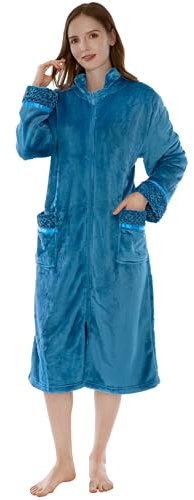 PAVILIA Damen-Bademantel mit Reißverschluss, Fleece, Reißverschluss vorne, Plüsch, warm, Hausmantel, Liege mit Taschen, lang, ozeanblau, 2X-3X
