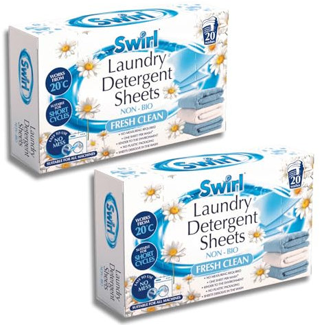 Swirl Fresh Clean Scent Laundry Detergent Sheets 2-Pack Bundle - 40 Eco-Friendly Washing Sheets for Effortless, No-Mess Laundry Experience by Great British Home