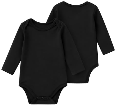 DEFAHN 2 Pack Long Sleeve Baby Vests, Soft Stretch Bodysuits, 0-24 Months (Black,12-18 Months)