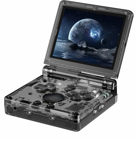 RG35XXSP Consoles de jeux portables à clapet avec carte TF intégrée 64 Go + 128 Go, plus de 8 000 jeux, style portable, consoles de jeux vidéo à rabat, système Linux avec étui (noir transparent)