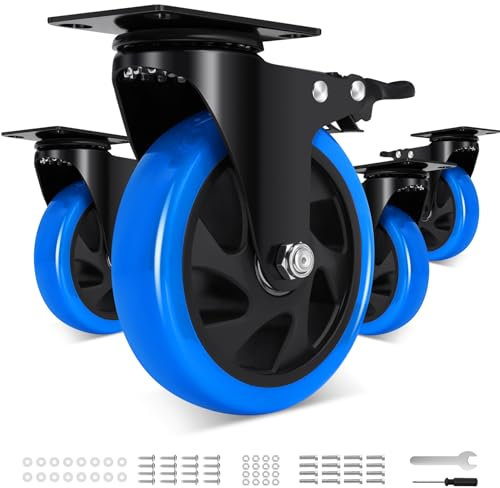 Humagineer 125mm Rotelle per Mobili con 4 Freno, Ruote per Carichi Pesanti Portata 1000KG, Ruote in Poliuretano Girevoli con Doppio Freno, Route Silenziose e Resistenti per Mobili,Carrelli,Set di 4