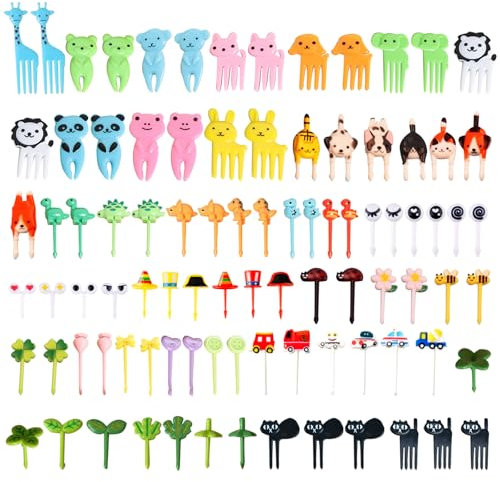 DKDDSSS 91 Stück Food Picks, Mini Cartoon Bento Obstgabeln Zahnstocher, Obstgabeln, Wiederverwendbar Obst Zahnstocher für Desserts Obst Gebäck Party Mittagessen Bento, für Kinder Erwachsene