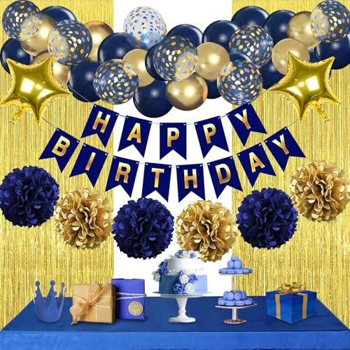 Decorazioni di compleanno blu navy e dorate, decorazione per feste con bandierine, palloncini, pompon in alluminio dorato, tenda per compleanno, fidanzamento, anniversario, decorazione per feste