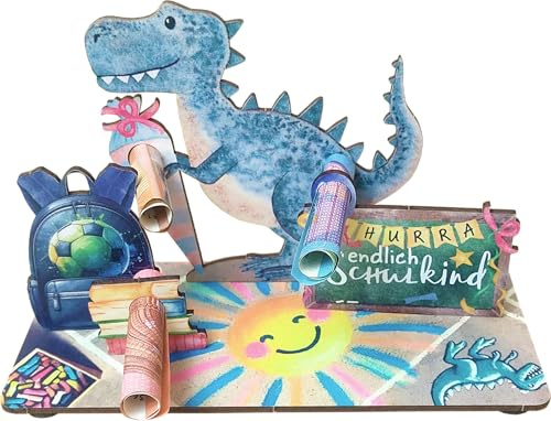 Generisch Einschulung Geschenk Jungen - Schuldkind Dino 3D-Holzkarte | Geldgeschenke, Einschulungskarte, Schulstart 2025, Jungen & Mädchen, 20x10cm, bis zu 20cm hoch, Birke