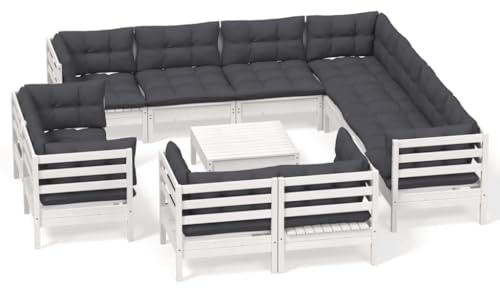 WEMYUFURN 12-TLG. Garten-Lounge-Set mit Kissen Weiß Massivholz Kiefer, Outdoor-Sitzgruppe, Terrassen-Lounge-Set, Garten-Couchgarnitur - Wetterbeständig, Komfortabel - für Terrasse, Garten und Balkon
