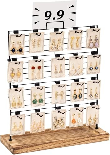 Emfogoo Organizador Pendientes, Expositor Pendientes 4 Niveles con Base de Madera, 20 Ganchos para Joyas Colgador Pendientes, para Collares, Tachas, Pulsera (Metal y Madera)