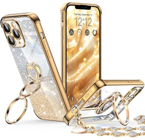 XYZ for iPhone 11 Pro Case with Stand, Phone Case with Double Ring Kickstand, Women Girls Bling Luxury Glitter Clear Phone Case Cover Heart for iPhone 11 Pro, Gold | Double Ring Holder, Cute Love-Heart, Phone Chain Wristlet, Wrist Strap, Women Girls Bling Luxury Protective Case, Black