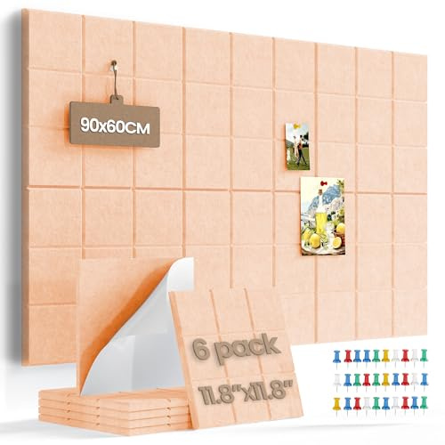 Uoisaiko Tableau en Liège Mural 30x30 cm - 6 Panneaux en Feutre Adhésif - Tableau d'Affichage avec 30 Punaises pour Bureau et Maison, Beige