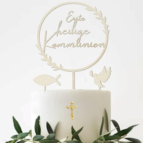 BETESSIN Tortendeko Kommunion Holz - inkl. Erste heilige Kommunion Cake Topper, 1 Fisch und 1 Taube Tortenstecker - Erstkommunion Kuchendekoration für Mädchen und Jungen