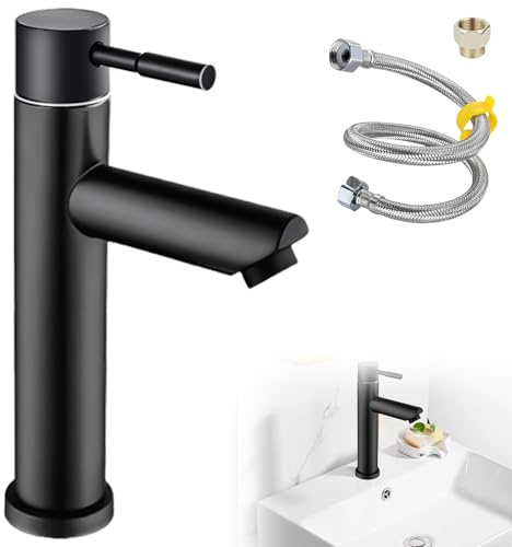 Grifo de agua fría negro GAOUTO, grifo monomando de acero inoxidable con manguera de conexión de 60 cm, adecuado para baño de invitados y baño