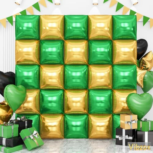 Green and Black Gold Double Sided Square Foil Balloons Wall, Chrome Foil Balloons Tunnel Arch Kit for Jungle Safari Birthday Halloween Graduation Wedding New Years Party Background Decoration