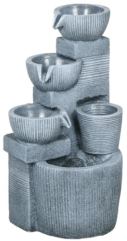 Outsunny 57cm Tall Solar Powered Outdoor Water Fountain, 4-Tier Floor Standing Resin Cascading Bowls Waterfall Fountain with LED Lights and Pump for Garden, Patio, Dark Grey