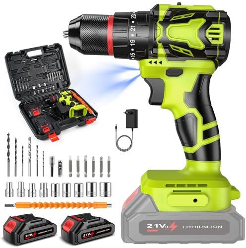 Taladro Percutor a Bateria 21 V, Taladro Atornillador Bateria con 2 Baterías, par Máx de 70 Nm, 25+3 Ajustes de par, 2 Velocidades, Indicador LED, 29 Accesorios, para Atornillar, Taladrar