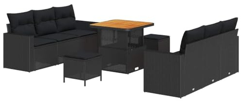 vidaXL 9-delat Trädgårdsoffas med Kuddar Svart Poly Rattan Akacia