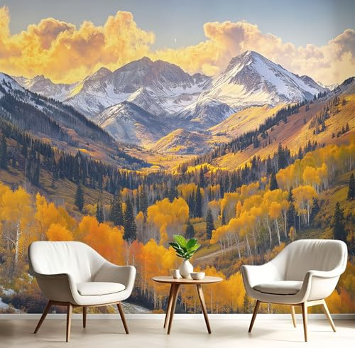Carta Da Parati Effetto 3D Foresta Montagne 250X175Cm Fotomurali Seta Ambra Arancione, Decorazione Poster Arte Murale Paesaggio Dipinto A Olio Per Casa Ufficio Camera Da Letto Soggiorno