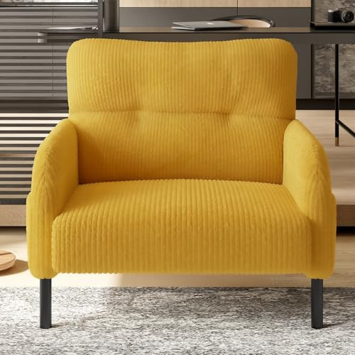 KOMHTOM Poltrona singola in velluto a coste con schienale alto confortevole, 4 tasche e gambe in metallo, moderno divano angolare per soggiorno, camera da letto e ufficio (giallo-1)