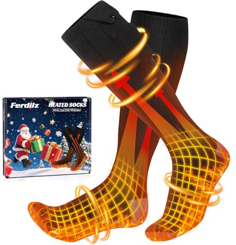 Ferdiiz Calze Riscaldate a Batteria, 2 set 7500mAh/5V Max. 14 Ore Inverno Ricaricabili Calzini USB Riscaldati Scaldapiedi Elettrico Calze al ginocchio con 4 Temperature per l'intero Plantare
