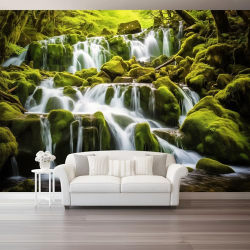 Generico Carta da Parati Panoramica 400 x 280 cm - Natura Foresta Cascata Carta da Parati per Soggiorno Camera da Letto Ufficio, Verde Moderna Fotomurali Murales Poster Gigante