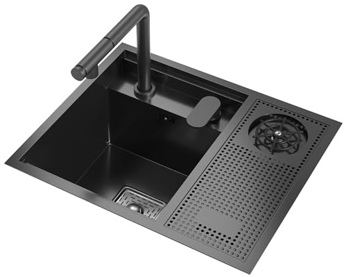 FGNIXLN Fregadero negro mate, 55 x 45 cm, fregadero de cocina invisible empotrable, fregadero de cocina, fregadero de acero inoxidable, lavabo de baño con grifo elevador extensible y función de lavado