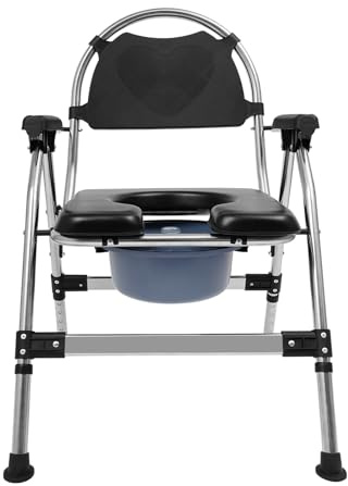 Czyurachel Chaise percée pour personnes âgées, en acier inoxydable, pliable, avec seau amovible, hauteur des accoudoirs à 5 niveaux, chaise de nuit jusqu'à 150 kg, noire