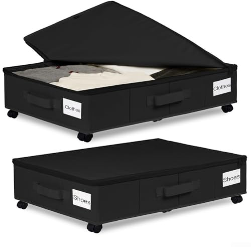 Caja de almacenamiento para debajo de la cama con ruedas suaves, organizador plegable de tela Oxford 600D a prueba de polvo para ropa, calzado y juguetes (tamaño grande negro)