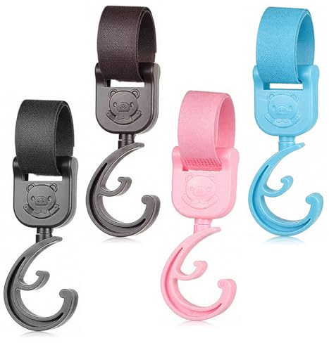 4 Pezzi Ganci per Passeggino a Doppio Anello, Ganci Porta Borse Resistente per Carrello, Zaino, Deambulatore, Nero Marrone Rosa Blu