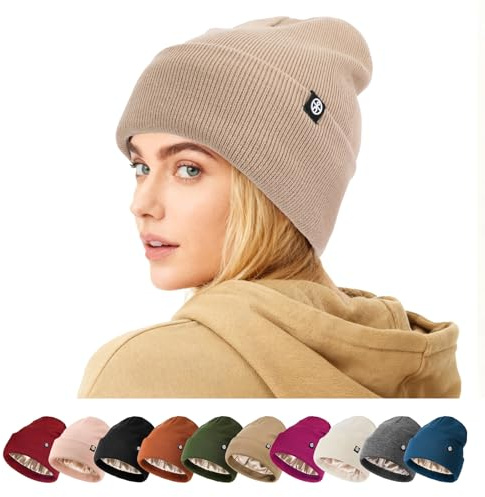 AYPOW Winter Warm Satin Gefütterte Strickmütze für Herren und Damen, Slouchy Beanie Mütze Seidenfutter Gestrickt Wintermütze, Mode Klassiker Thermal Winddicht Laufmützen für Outdoor-Sport