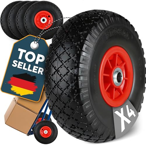 FROSAL Ersatzrad 3.0-4 (260×85) – 2 Stück – pannensicheres PU-Rad mit Kugellager – Nabenlänge 50 mm – Achse Ø 16 mm – rote Kunststofffelge – für Bollerwagen & Sackkarren