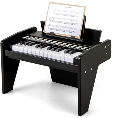 GOPLUS Clavier Piano Enfant, Piano Numérique 25 Touches avec Pupitre, Mode d'Apprentissage, Touches Lumineuses, Volume/Vitesse Réglables, Jouet Musical en Bois pour 3+ Ans (Noir)