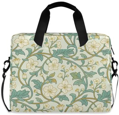 Sac à bandoulière pour ordinateur portable avec poignée et bandoulière - Sac de transport avec fermeture éclair - Motif William Morris - Blanc - Motif fleurs de poirier - 15,6