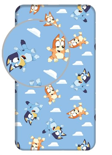 Blått dra-på-lakan 100 % bomull, sänglakan med elastiska hörn, 90 × 200 + 25 cm, barnlakan officiell bluey licensierad