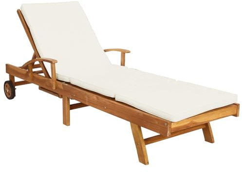 vidaXL Tumbona con cojín Madera de Teca Maciza Marrón y Crema, Muebles Modernos Resistentes al Agua, para jardín y terraza, Asientos cómodos, Tumbona Ajustable