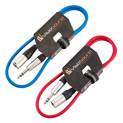 Male XLR to 6.35mm Stereo TRS Jack Lead Audio Cable 2 Pack 1m Blue/Red | 2 x Noiseless OFC Balanced Signal, Audio, Speaker, Patch Cable / 4 Colours