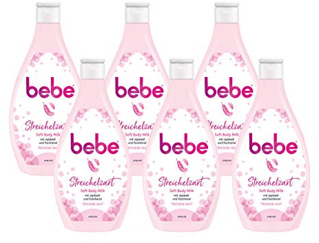 Bebe Bodylotion, Streichelzart Soft Body Milk, mit Jojobaöl und Panthenol, für trockene Haut, 6 x 400ml