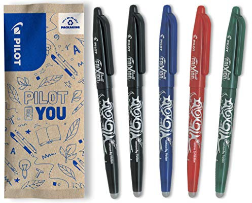 PILOT - Lot de 5 Frixion Ball - Stylo effaçable à encre thermosensible - Stylo roller rechargeable fabriqué à partir de plastique recyclé - 2 Noirs, 1 Bleu, 1 Rouge, 1 Vert - Pointe moyenne