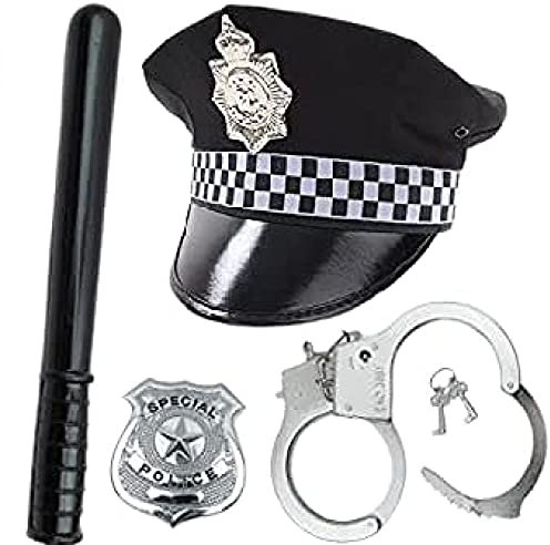 RARA® Herren Polizei Kostüm Zubehör Set Police Cap/Hut, Abzeichen, Kunststoff Schlagstock & Paar Handschellen ~ Detektiv Cop Swat Rollenspiel Halloween Party Verkleidung