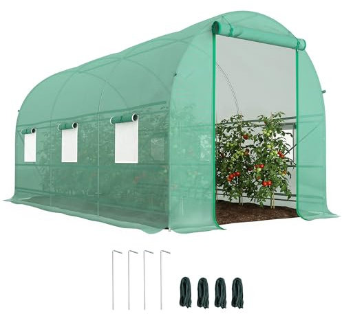 Outsunny Invernadero de Exterior 4x2x2 m Invernadero de Túnel con 6 Ventanas de Malla y Puerta Enrollable con Cremallera Invernadero de Huerto Anti-UV para Patio Jardín Verde